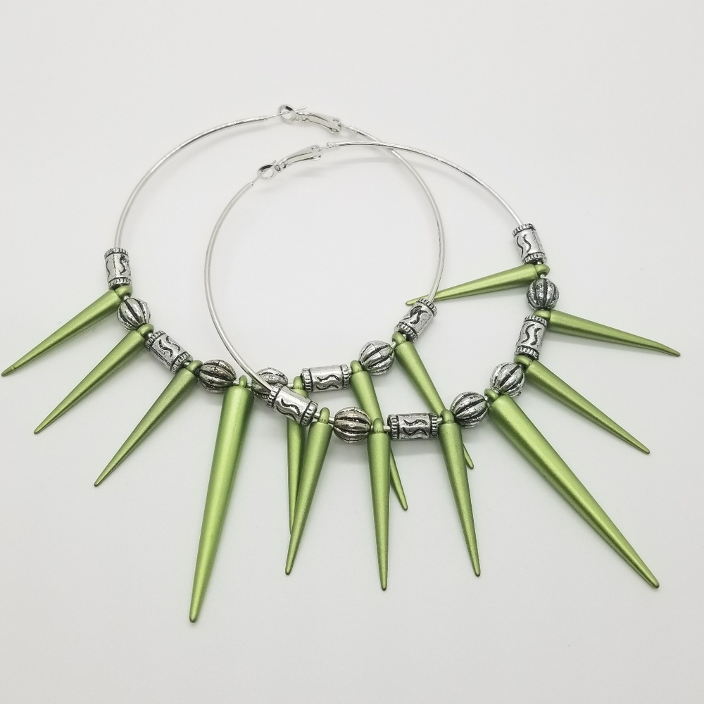 Silver and green spike earrings